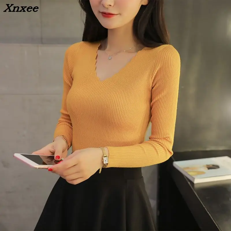 Pull Femme Hiver 2018 Autumn Winter Knitted Women Sweaters and Pullovers V Neck Long Sleeve Solid Slim Women Tops Chandail Femme