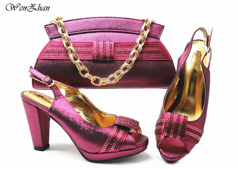 

Newest Woman's Stronger Shoes With Bag Sets Hot Sale Fashion African Rhinestone High Heels Pumps With Purse For Party E812-26