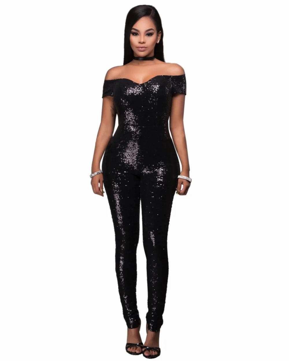Yuerlian Slash Neck Sequined Jumpsuits Women Strapless Tube Rompers One ...