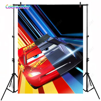 

Kids Birthday Party Backdrops for Photographic Black and Red Two Cars Combined Colorful Stripes Backgrounds for Baby Shower Prop