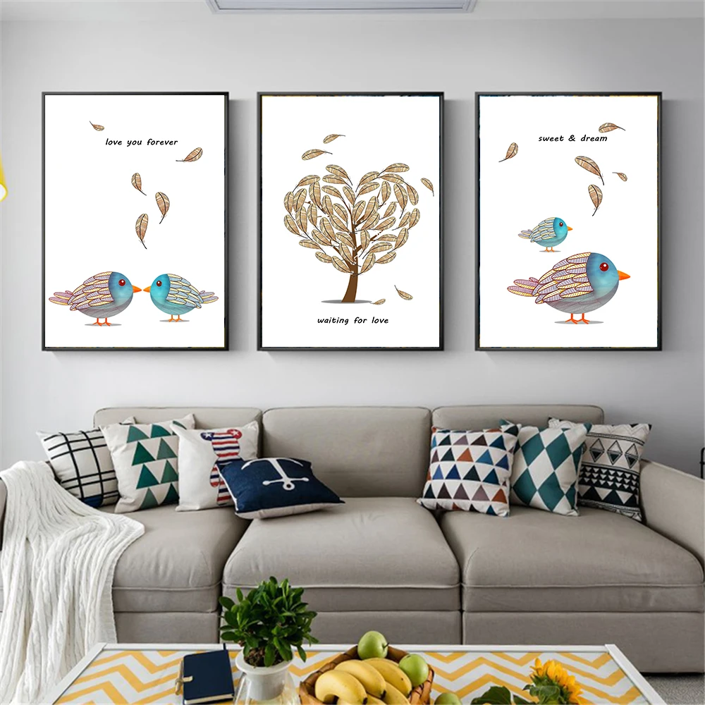 Us 1 83 45 Off Wall Art Living Room Bedroom Bedside Home Decor Cartoon Tree And Bird Nordic Watercolor Canvas Painting Print Hd Picture Poster In
