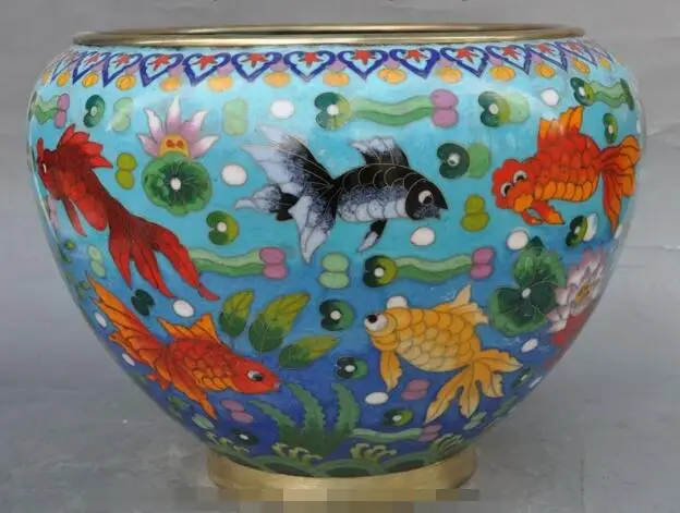 

S02067 10"China Palace bronze Cloisonne goldfish Fish lotus flower Tanks pot Jar Crock