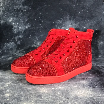 

Red Rivets Shoes Genuine Leather Spikes Studded Shoes High Top Rivets Loafers Men Casual Shoes Lace Up Shoes Zapatos Hombre 48