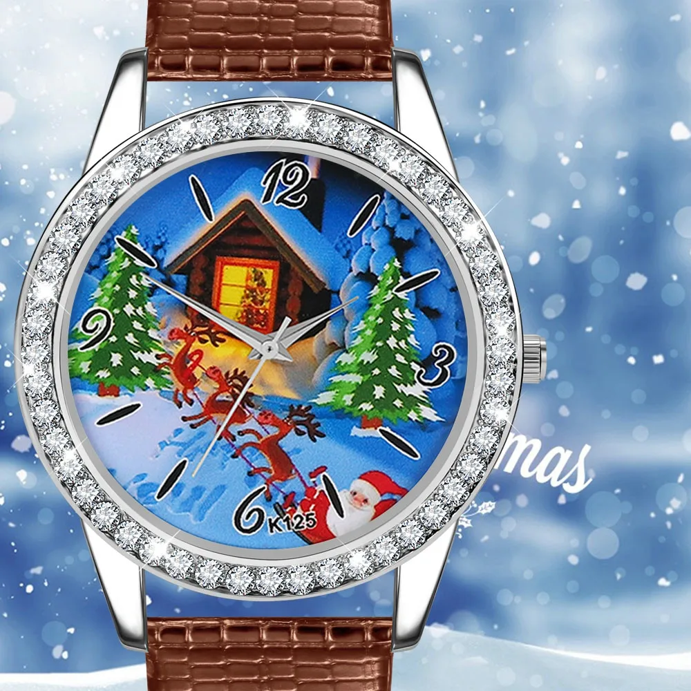 Часы женские мужские детские рождественские часы подарок Санта Клаус шаблон кожаный ремешок аналоговые кварцевые Vogue часы montre femme часы# W