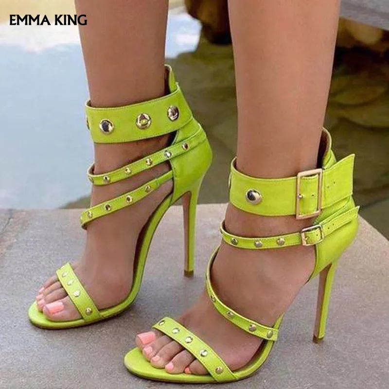 

2019 Rivets Straps Stiletto Heel Open-toe Ankle Strap Sandals Sexy Buckle High Heels Stiletto Sandals Party Dress Shoes Woman