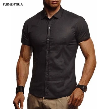 

Puimentiua 2019 Men's Button Down Slim Fit Short Sleeve Stretch Casual Shirt Summer Male Solid Basic Tee Cotton Simple Shirts