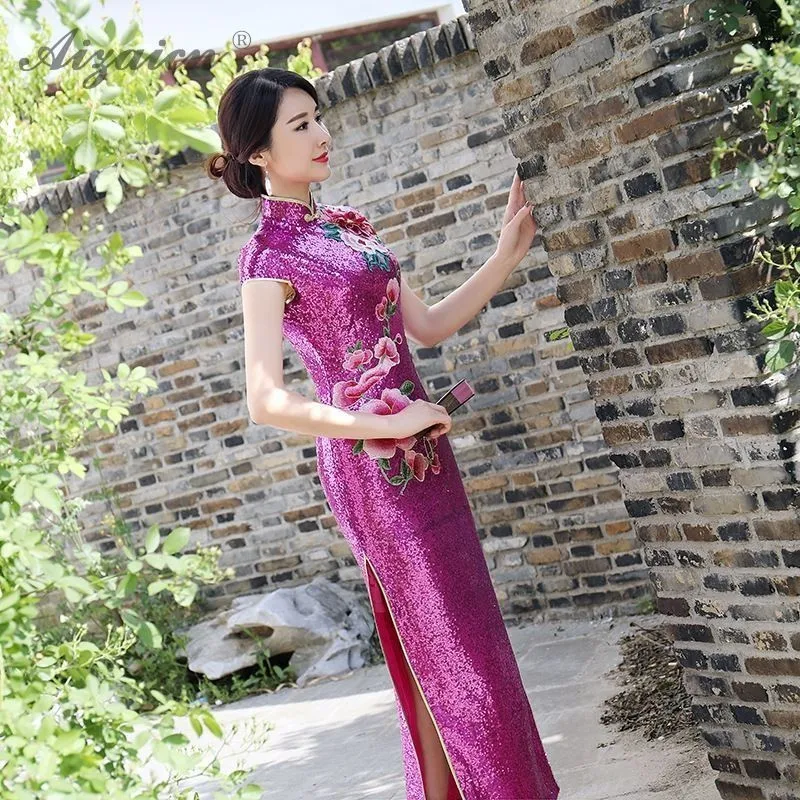 Модные фиолетовые блестки с вышивкой Cheongsam современное китайское винтажное платье Qi Pao женское традиционное китайское платье Qipao акция