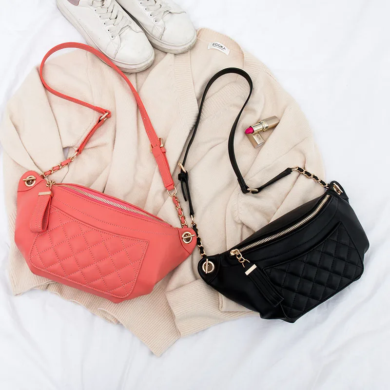 

Burminsa Summer Plaid Waist Bags Women Small Chest Bags Designer Brand High Quality Chain PU Leather Shoulder Crossbody Bag 2019