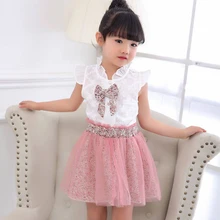 Комплект одежды для маленьких девочек, весна-лето, белая кружевная футболка с короткими рукавами и цветочным принтом, сетчатая юбка, одежда для детей 2, 3, 4, 5, 6, 7, 8 лет