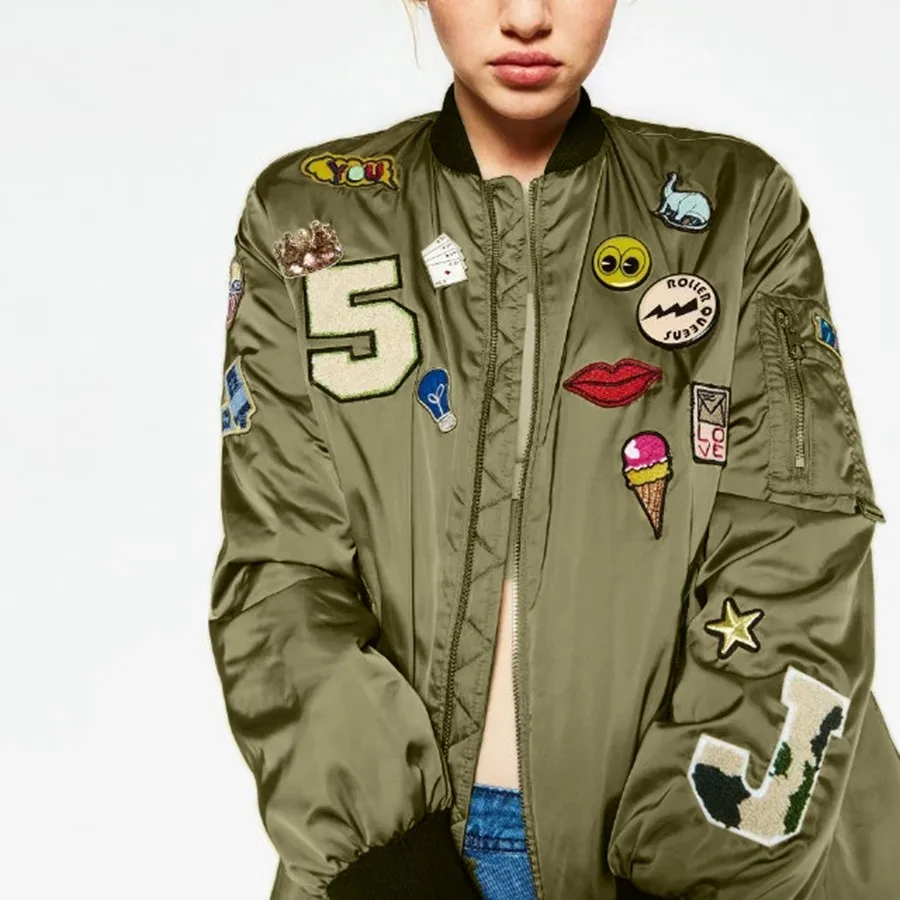 Punk Style Bomber Jacket Women 2017 Army Green Embroidered Cartton
