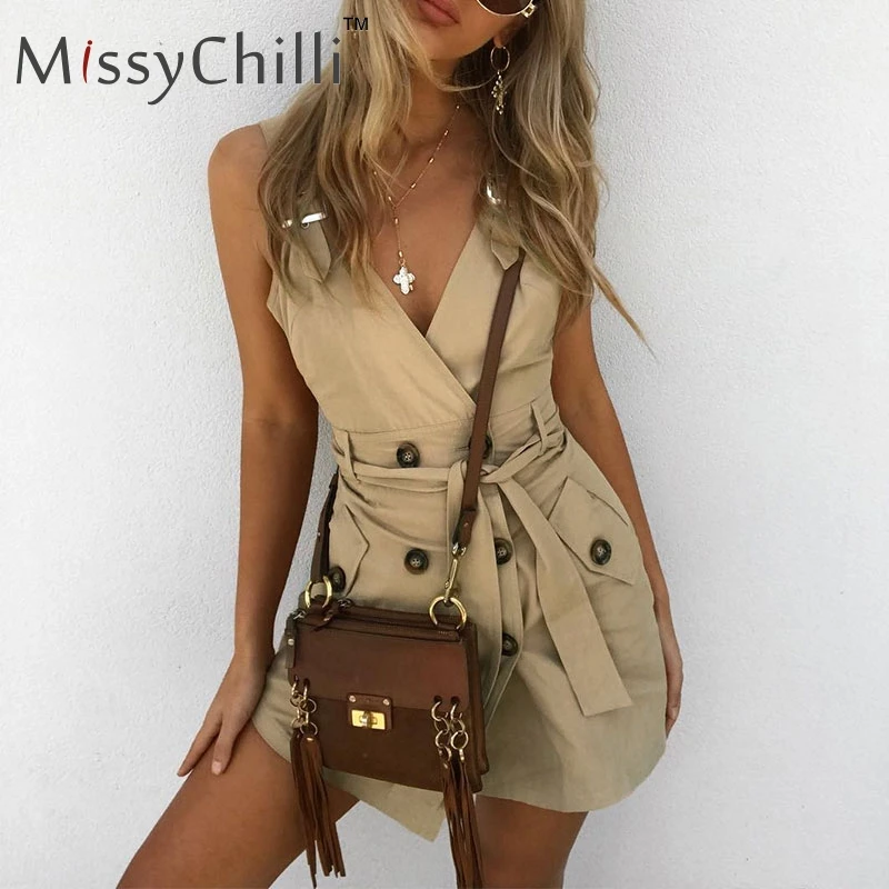 

MissyChill Sexy button vintage belt summer dress Women office party short beach dress Elegant black bodycon club dress casual