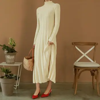 

Autumn Winter Elegant Knitted Dress Women Over Knee Long Turtleneck Sweater Dress Fashion Thicken Pullover Bottom Dress C4819