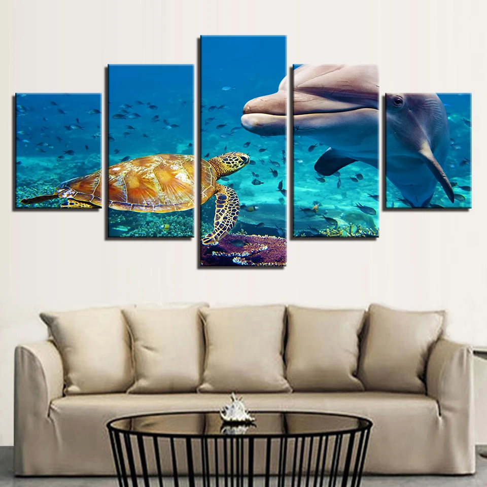 

Modular Canvas Painting Wall Art HD Prints Sea Turtle Pictures 5 Pieces Blue Deep Ocean Dolphin Fish Poster Home Decor Framework
