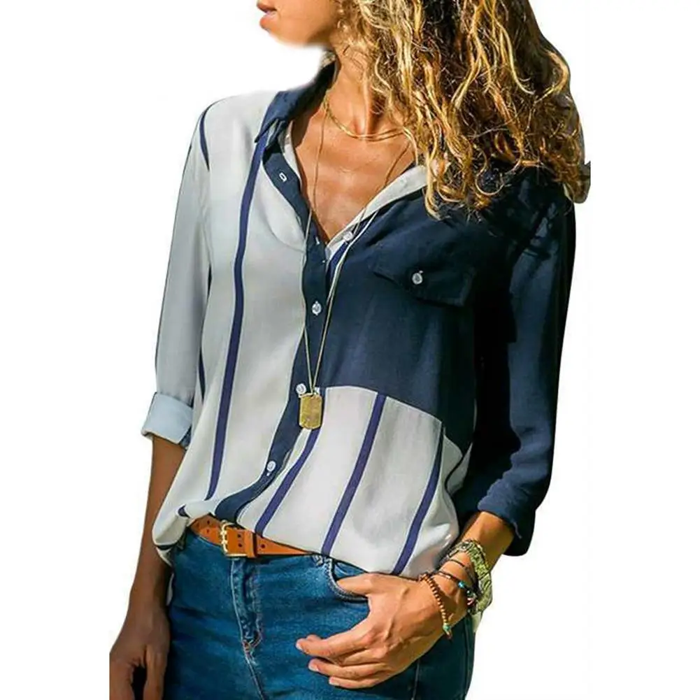 

Plus Size 2019 Fashion Spring Summer Lady Shirts Casual Striped Women Turn Down Collar Long Sleeve OL Harajuku Shirt Blouse Top