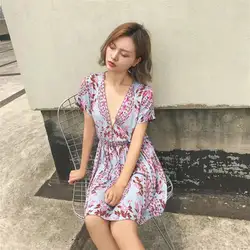 2019 Boho пляжное платье женская летняя обувь рубашка с короткими рукавами трапециевидной формы Sexy V образным вырезом цветочным принтом Chic