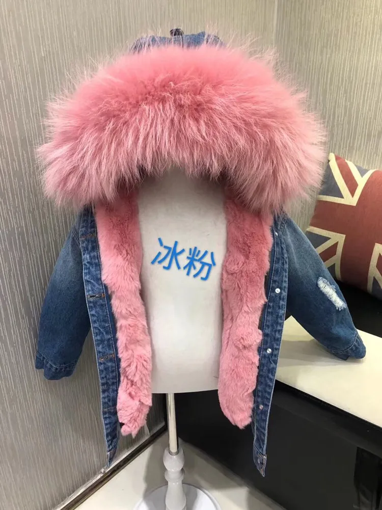 Джинсы для маленьких девочек зимняя розовая Меховая куртка с натуральным кроличьим мехом для малышей Детские Длинные парки синие джинсы со съемным мехом и большим меховым воротником для мальчиков