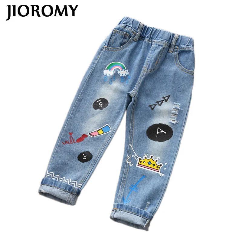 

JIOROMY Girl's Cartoon Graffiti Ripped Jeans 2019 Spring Printing Loose Nine Minutes of Pants S8905 Children's Wear Pants