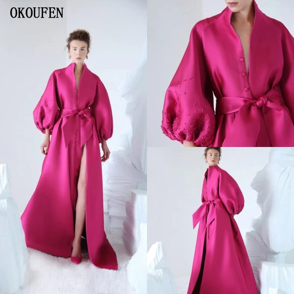 

Formal Evening Dresses Outfit Fuchsia Puff Lantern Long Sleeves V-Neck Women Special Occasion Gown vestido de fiesta de noche