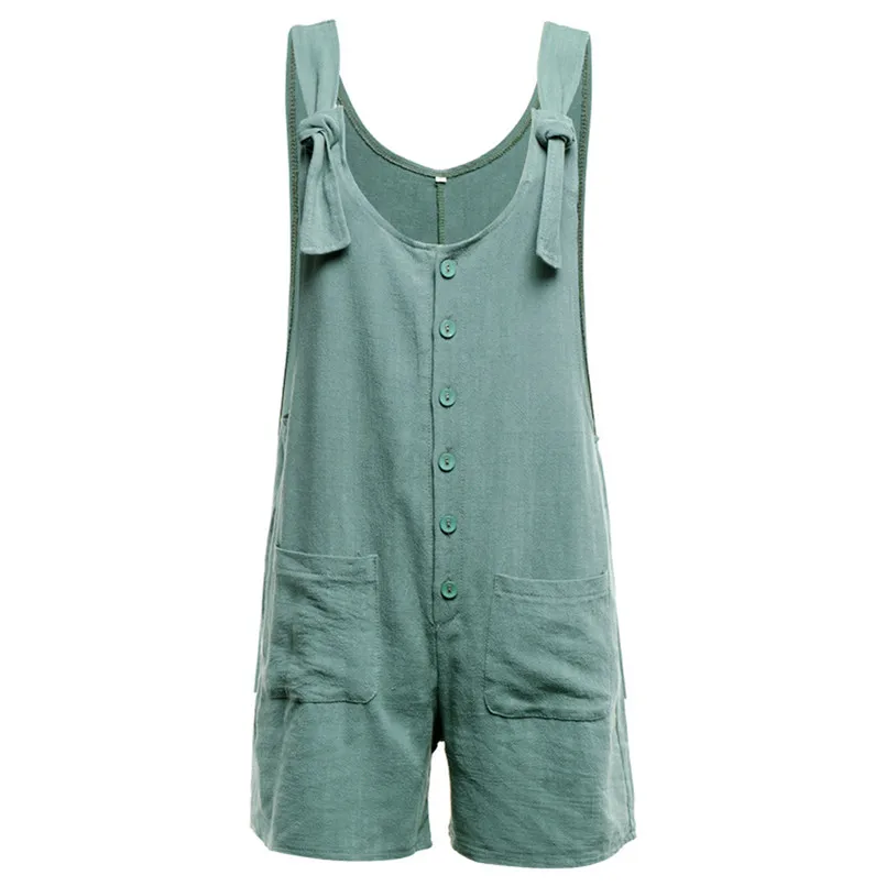New Women Summer Casual Button Pocket Jumpsuit Linen Vintage Shift Spaghetti-Strap Rompers Solid Elegant Daily Playsuit #4Ma02 (7)