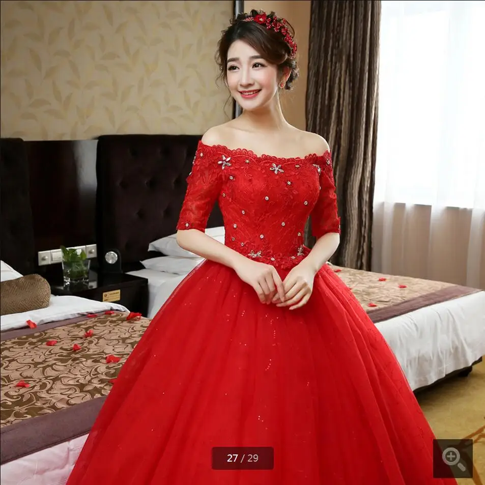 

New arrival red/white lace 2016 ball gown wedding dress off the shoulder beaded crystals cheap bridal gowns best selling dress
