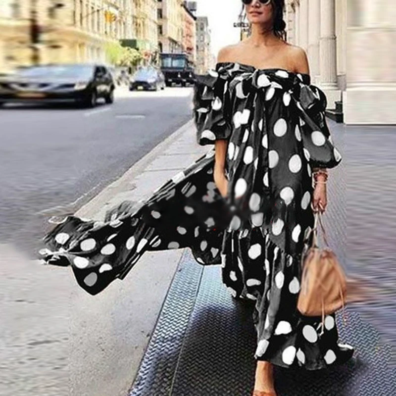 

Women Dress Boho Polka Dot Off Shoulder Long Maxi Party Summer Dress Beach Big pendulum Dress