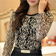 New Plus Size Long Sleeve Lace women Chiffon Blouse hollow out elegant fashion casual Shirt top