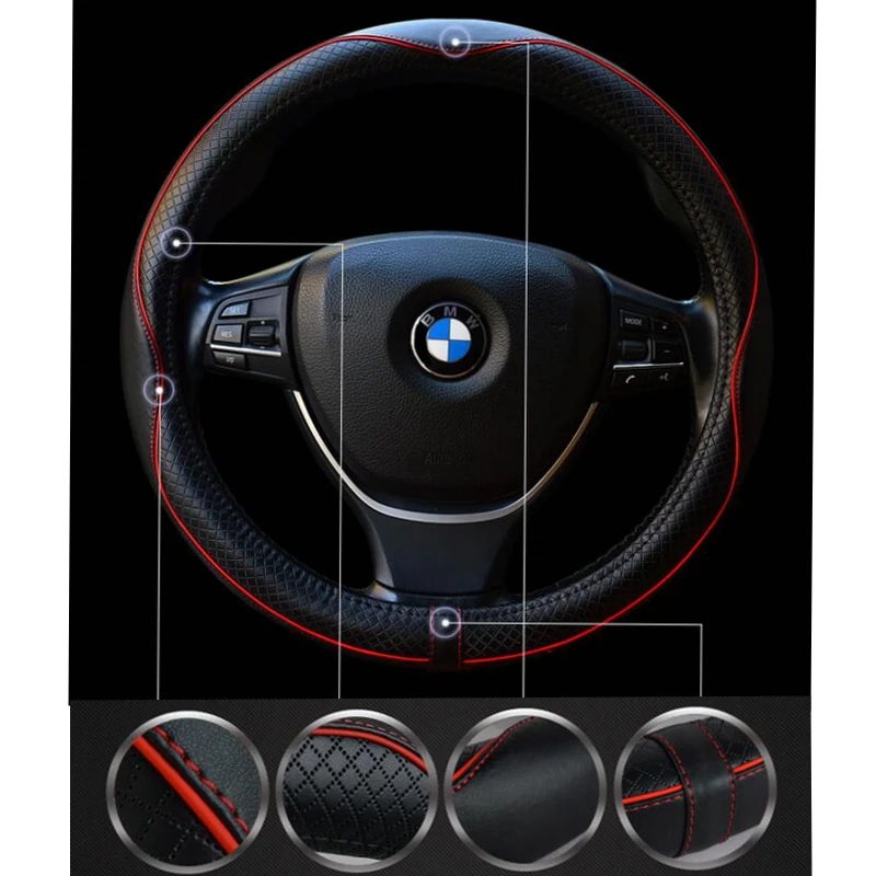 Skup Skórzana uniwersalna osłona kierownicy samochodu 38CM stylizacja samochodu Sport pokrowiec na kierownicę samochodową antypoślizgowe akcesoria samochodowe