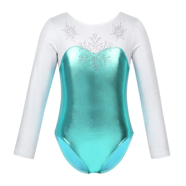 Girls Long Sleeve Shiny Waves Metallic Athletic Dance Gymnastics Leotard Outfit Blue Waves Black Size 10