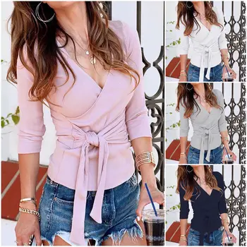 

2019 Fashion Women Pullover V Neck Summer Spring Long Sleeve Knitted Sweater Casual Slim Fit Bow Knot Tops Tunic Soft Sweaters