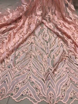 

2018 High Quality African Lace Fabric peach Materials French lace with Beads Nigerian Tulle Lace Fabric For Wedding party dress