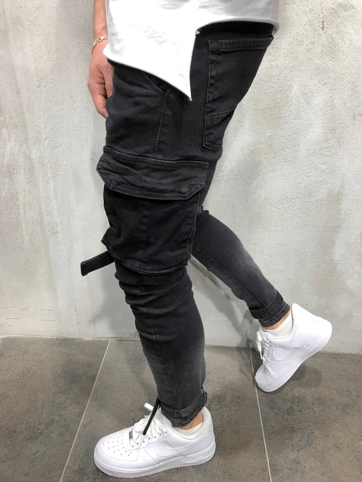 2018 New Arrived Men Cargo Pockets biker jeans denim slim supper skinny hip hop jeans men