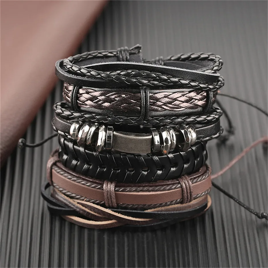 Black Brown Geometric Shape Rope Chain Mens Bracelet Set Punk Genuine Leather Bracelet Charms Gifts For Men (6)