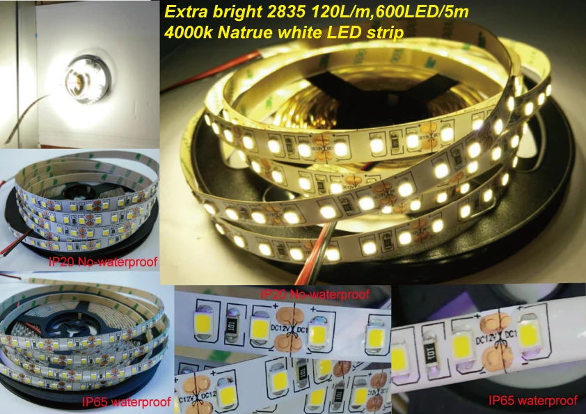 Высокая яркость природный белый 4000K Светодиодная лента DC12V SMD 2835 5M/600L 120led/M гибкая