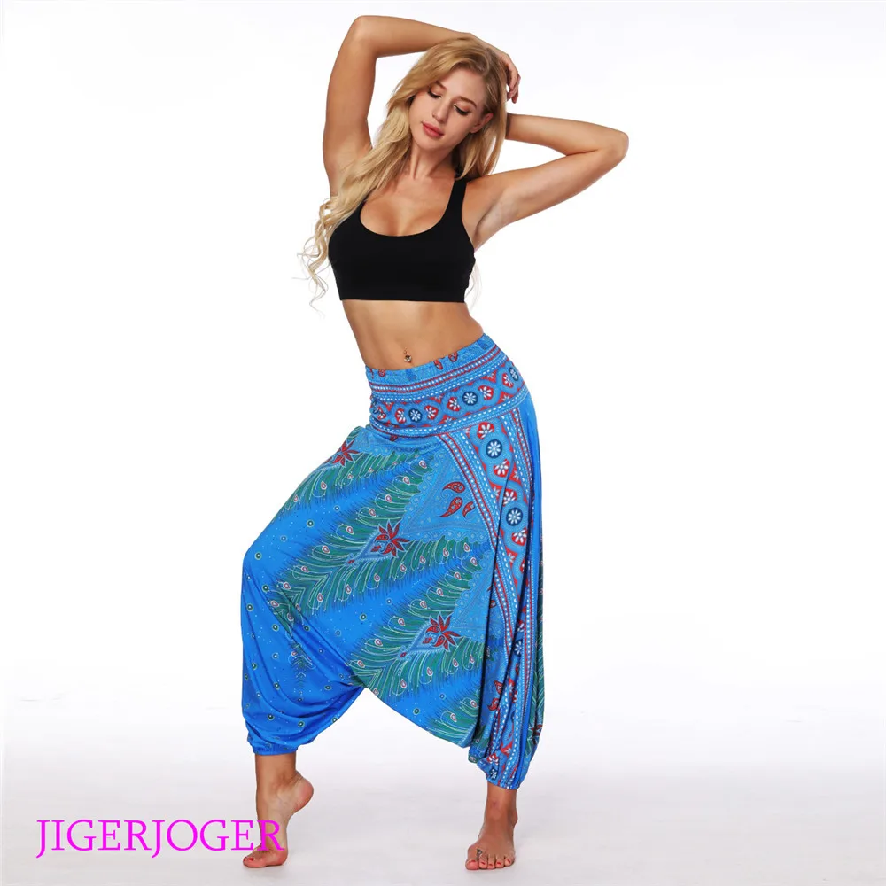 LL003 Shine blue paisley tree feather printed Thailand costume style printed bloomers harem pants wide elastic legging (2)