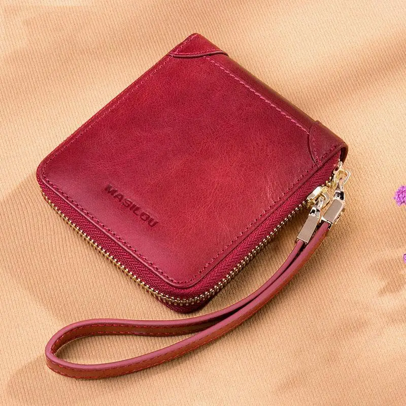 Women's Wallets Vintage Oil Wax Leather Short Wallet Genuine Leather Women Wallet Zipper Small Purse Female Mini Slim Coin Purse - Цвет: Красный