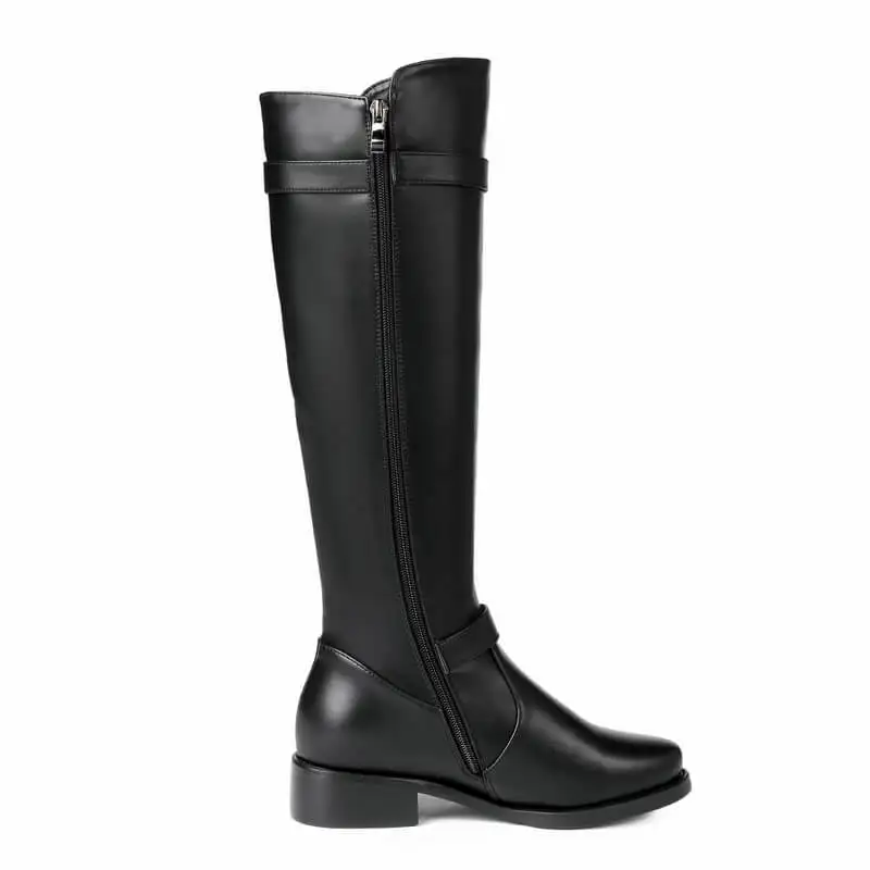 Women's Black Leather Knee High Winter Boots with Fashion Buckle, Warm Plush Lining, and Flat Heel image 5