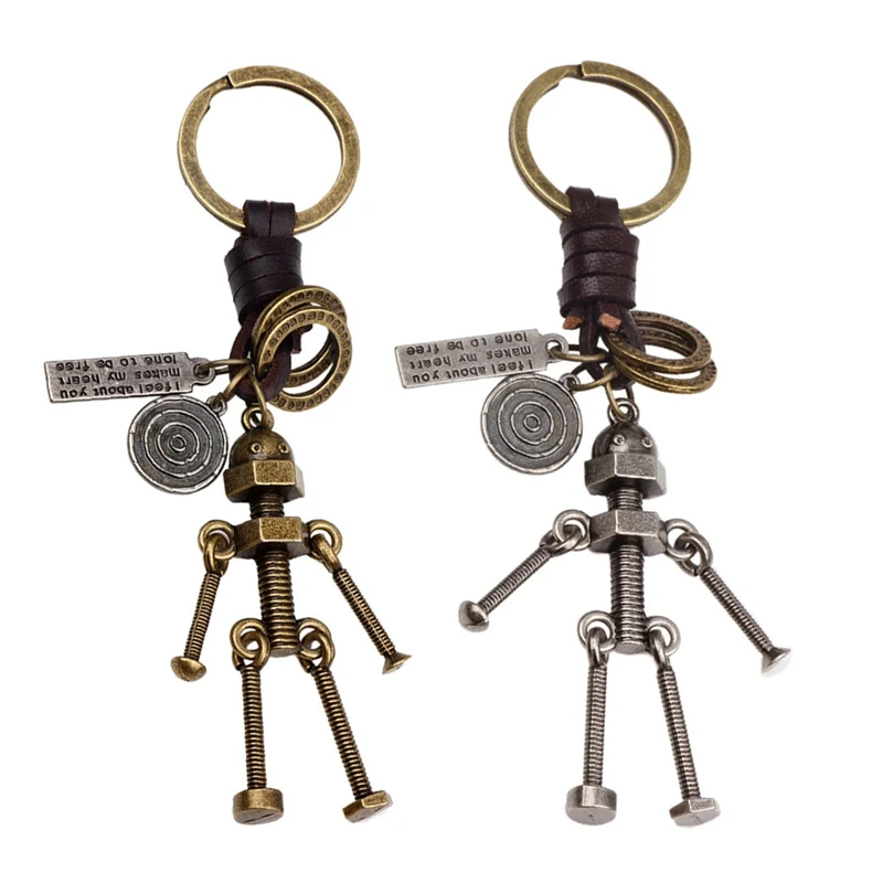 

New Creative Gifts Robot Keychain Handbags Pendant Genuine Leather Key Chains Key Ring Holder Key Accessories for Women Men