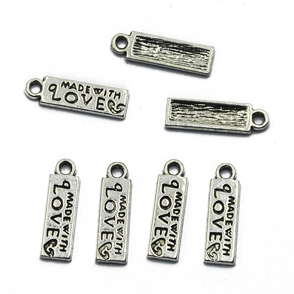 200pcs Jewelry Making Charm Rectangle Pendants MADE WITH LOVE Antique Design DIY Apparel Sewing Buttons Silver 