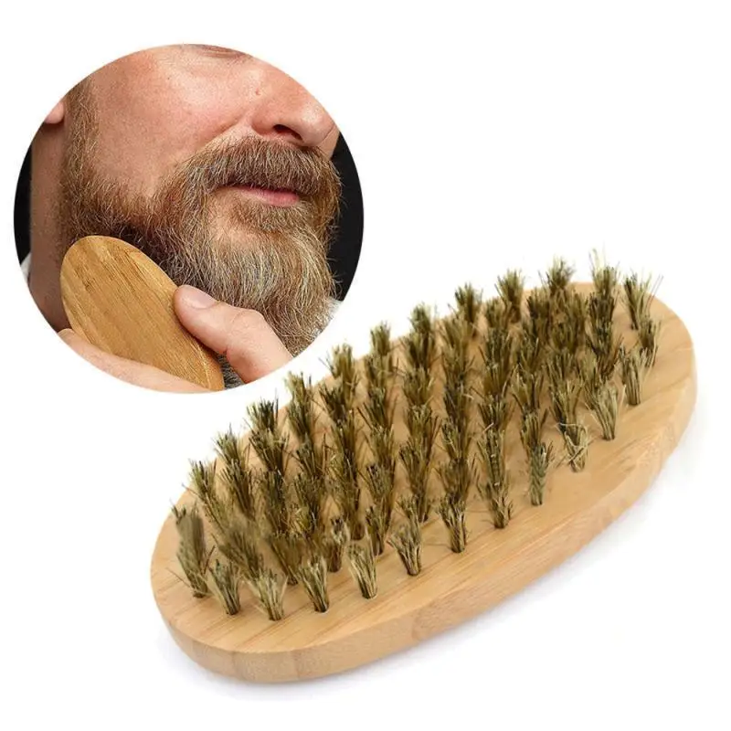 Men Hair Bristle Beard Mustache Brush Military Hard Round Wood Handle