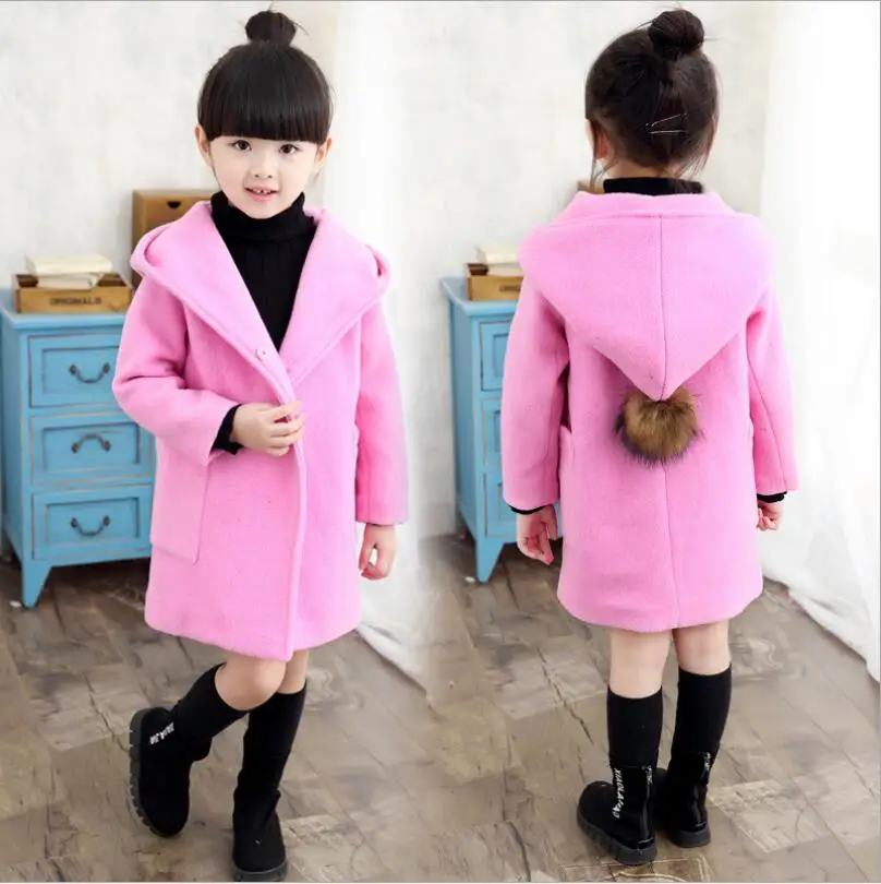 Шерстяная детская зимняя одежда; Длинная Куртка с капюшоном и отложным воротником для девочек; пальто для девочек; теплая однотонная одежда