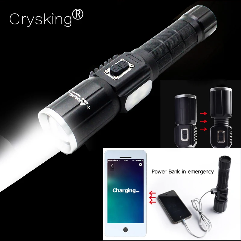 Power Bank LED Flashlight USB Charging XML T6 LED Torch 3800lm Zoomable 18650 Powerful