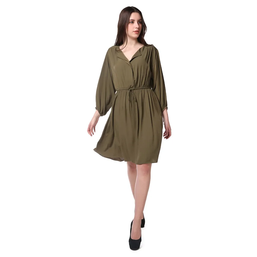 Free 2 Luv Women Casual Knee Length Dress Long Sleeve Plain Summer