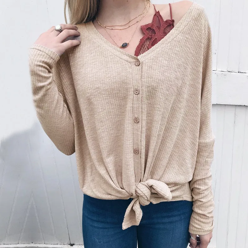 

2019 Autumn Winter New Long Sleeve V Neck Cardigans Buttons Sweaters Tops Casual Solid Slim Knitted Tied Single Breasted Sweater