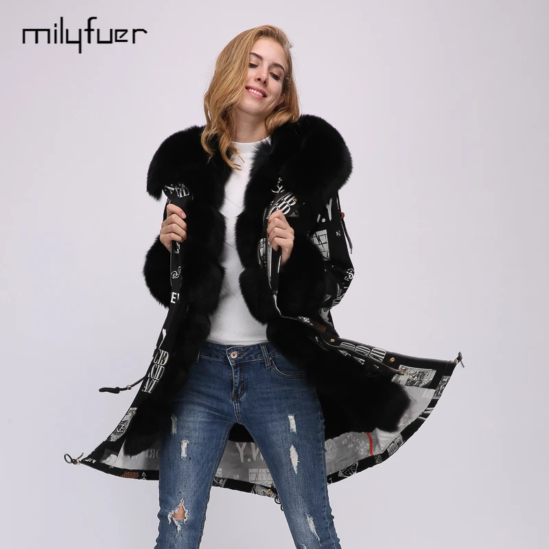 Milyfuer Fashion Print Parka Women Black Full Sleeve Real