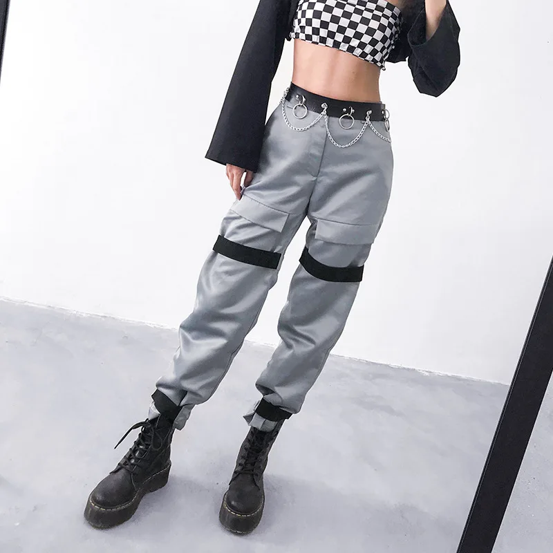 

Autumn Women's casual Cargo Pants Women Handsome Hip Hop Pants For Women Loose Silver Streetwear Casual Fitness Sweatpants