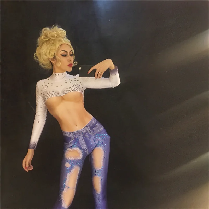 

F39 Cowboy Rompers performance costume Denim jumpsuit leotard Elastic bodysuit dj jeans Catsuits singer party outfit stage catw