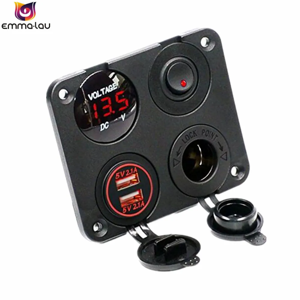 

4 Port Car Diy Panel Red LED Voltmeter Dual USB Socket Adapter 2.1A 12V Power Outlet Toggle Switch For Boat RV Truck Vehicle
