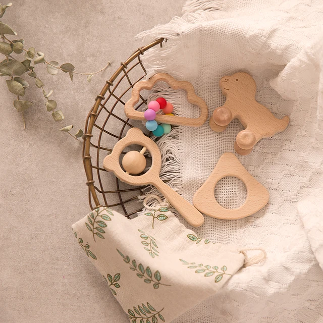 4Pcs/Set Beech Wood Cartoon Rabbit Trojan Horse Cloud Wooden Teething Rodent Tiny Rod Toy For Nursing Baby Toys Children Goods 3