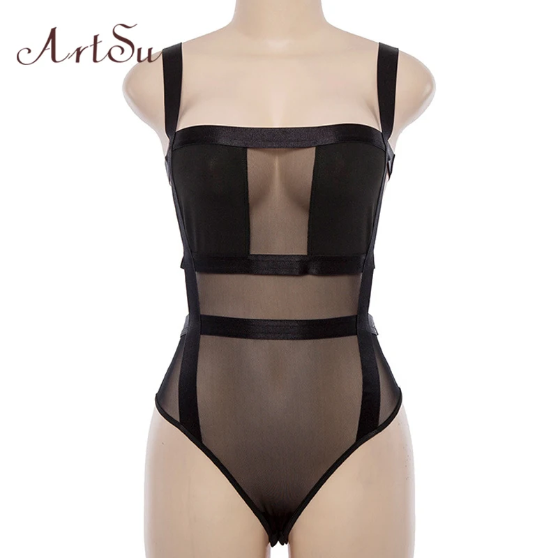 ArtSu شبكة انظر من خلال النساء مثير ارتداءها الشارع الشهير خليط عارية الذراعين حزام أسود Bodycon الإناث الجسم رومبير جديد ASJU41103