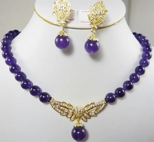 

Fast shipping +8MM Russian Amethyst Pendants Necklace+Earring set (A0503)